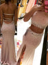 Two Piece  Satin Pink Halter Sheath Beading Side Slit Prom Dress LBQ0037